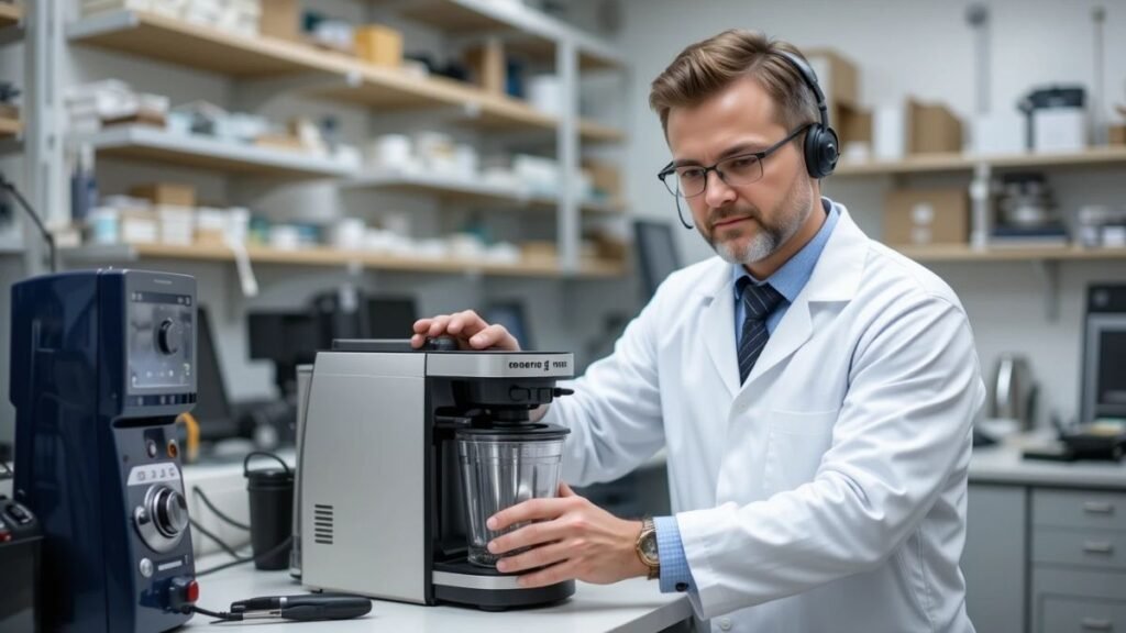 Um homem da assistência técnica consertando um liquidificador.