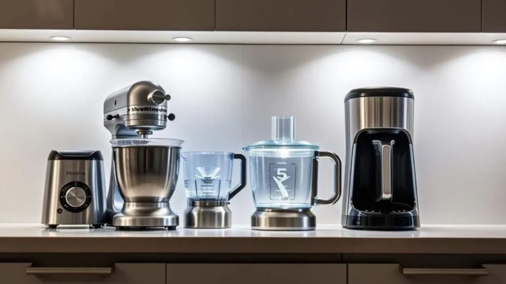 eletroportáteis em uma bancada de cozinha iluminados por uma luz de led