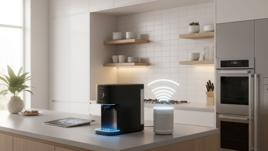 Cozinha moderna, eletroportáteis conectados ao assistente virtual ou smartphone.